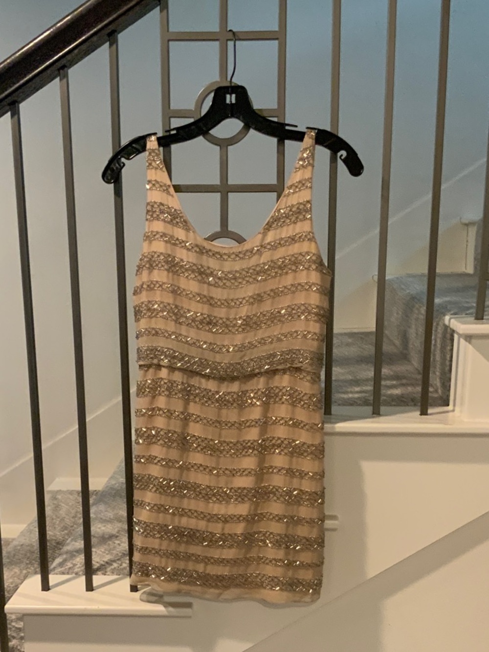 Alice + Olivia Nude Beaded Striped Mini Dress
